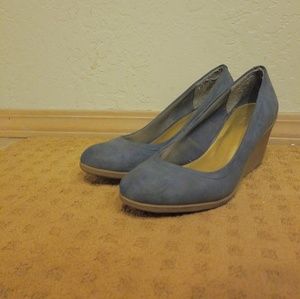 Blue faux suede wedges
